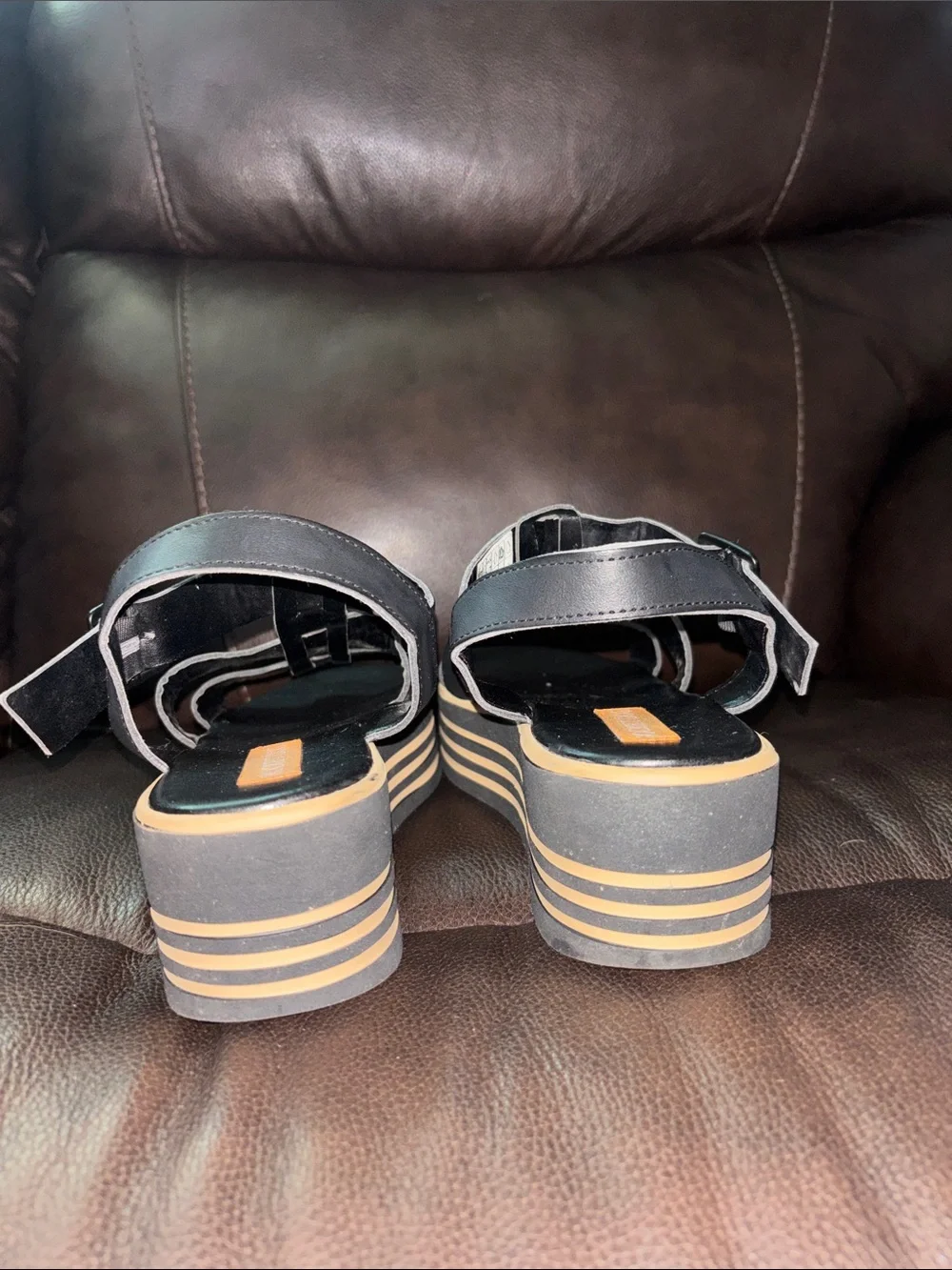 Rocket Dog Black Strappy Platform Sandals with Tan Striped Sole